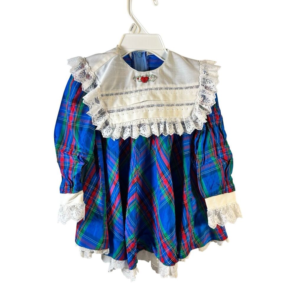 Ruth of Carolina vintage dress USA‎ blue plaid white lace collar (damaged)